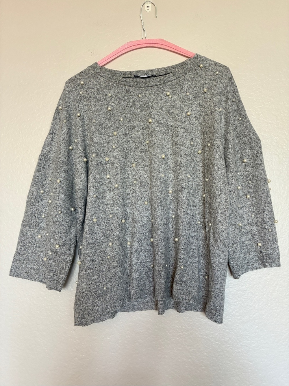 Zara Pearl-Embellished Gray Women's Sweater